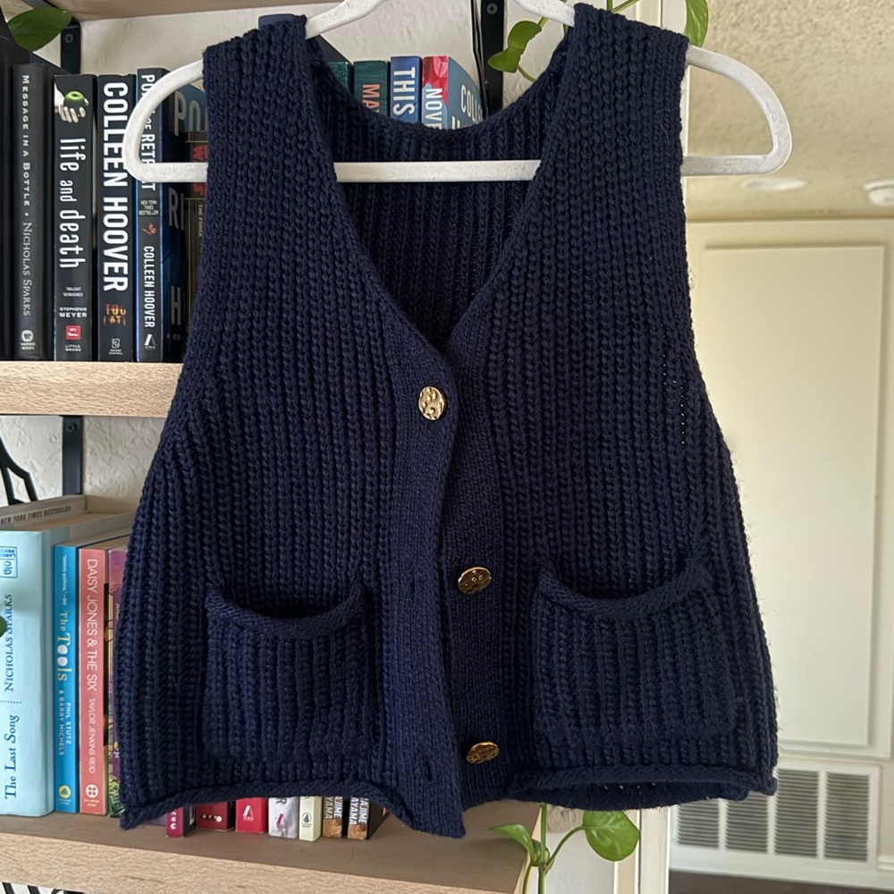 SHEIN Navy Blue Knit Vest with Gold Buttons